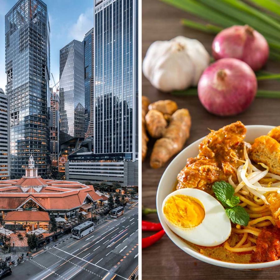 A hawker centre in Singapore is surrounded by skyscrapers. You can find bowls of laksa, pictured right, there.